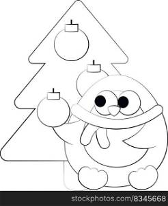 Cute cartoon Penguin and christmas tree. Draw illustration in black and white