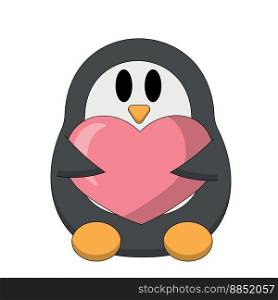Cute cartoon Penguin and Heart. Draw illustration in color