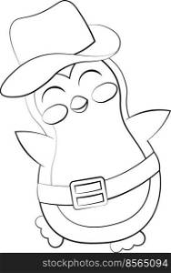 Cute cartoon Penguin Cowboy. Draw illustration in black and white