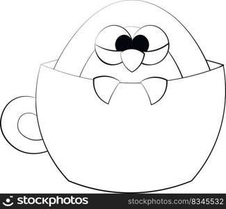 Cute cartoon Penguin in a Mug. Draw illustration in black and white