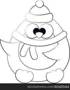 Cute cartoon Penguin in headwear and scarf. Draw illustration in black and white