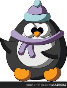 Cute cartoon Penguin in headwear and scarf. Draw illustration in color