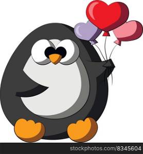 Cute cartoon Penguin with ballon in form heart. Draw illustration in color