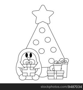Cute cartoon Penguin with Christmas tree and gift box in black and white