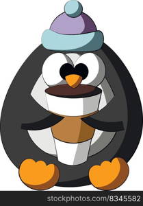 Cute cartoon Penguin with Coffee Cup. Draw illustration in color