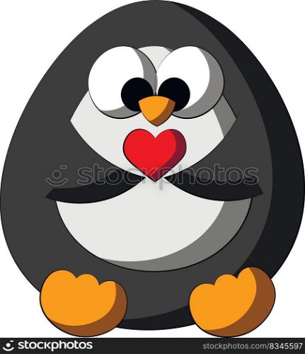 Cute cartoon Penguin with little heart. Draw illustration in color