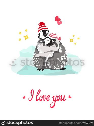 Cute cartoon penguins, boy and girl, in knitted hats, hugging in icy snowy arctic field, glacier, hearts, stars around, I love you brush lettering. Valentine, hug day, anniversary greeting card prints