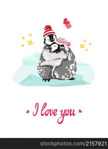 Cute cartoon penguins, boy and girl, in knitted hats, hugging in icy snowy arctic field, glacier, hearts, stars around, I love you brush lettering. Valentine, hug day, anniversary greeting card prints