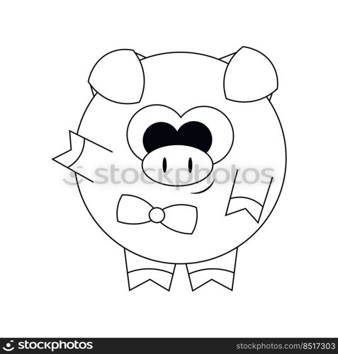 Cute cartoon Pig in necktie. Draw illustration in black and white