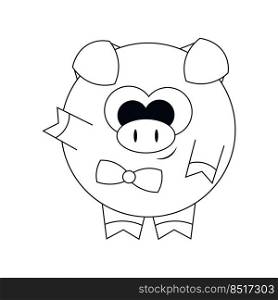 Cute cartoon Pig in necktie. Draw illustration in black and white