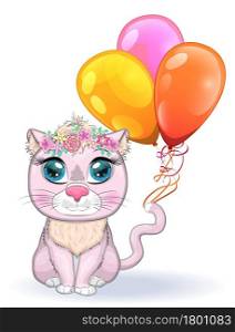 Cute cartoon pink cat, a kitten on a background of flowers holds balls with its tail. Cute cartoon pink cat, a kitten on a background of flowers holds balls with its tail.