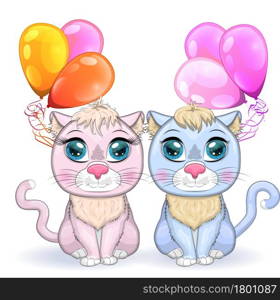 Cute cartoon pink cat, a kitten on a background of flowers holds balls with its tail. Cute cartoon pink cat, a kitten on a background of flowers holds balls with its tail.