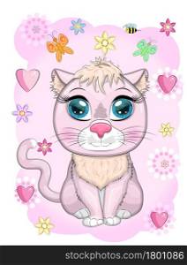 Cute cartoon pink cat, kitten with expressive eyes among flowers, hearts, decorative elements.. Cute cartoon pink cat, kitten on a background of flowers