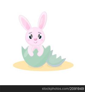 Cute cartoon pink easter bunny sitting in an easter egg looking at the viewer with cute eyes isolated vector illustration on a white background. Cute cartoon pink Easter bunny in an Easter egg Isolated vector illustration on a white background