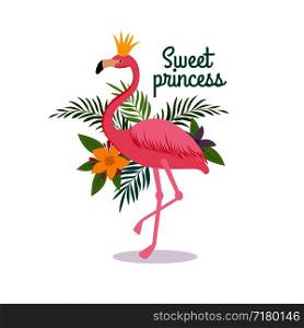 Cute cartoon pink flamingo queen with crown. Sweet dreams girly vector greeting card, fashion little princess t-shirt design. Illustration of exotic animal bird. Cute cartoon pink flamingo queen with crown. Sweet dreams girly vector greeting card, fashion little princess t-shirt design