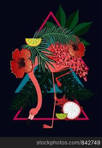 Cute cartoon pink flamingo with tropical leaves and fruits design illustration.