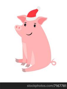 Cute cartoon pink pig in santa hat, on white background, Christmas and New year vector icon. Cute pink pig in santa hat