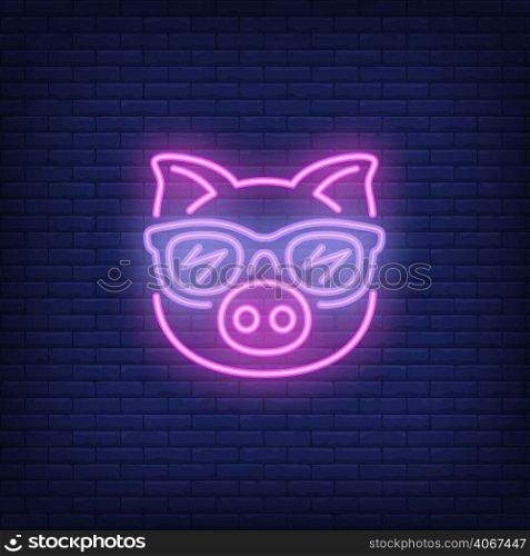 Cute cartoon pink pig in sunglasses. Neon sign element. Night bright advertisement. Vector illustration for restaurant, cafe, diner, menu, advertising design