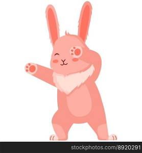 Cute cartoon pink rabbit dancing. Dabbing dance pose. Design of funny animals sticker for showing emotion. Vector illustration. Cute cartoon pink rabbit dancing. Dabbing dance pose.