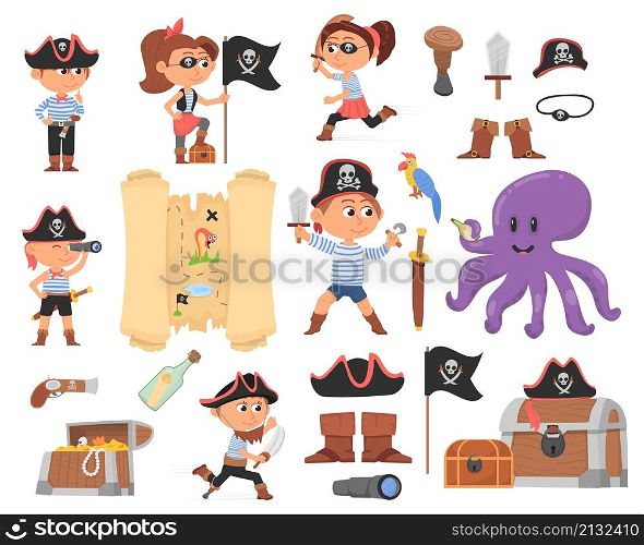 Cute cartoon pirates. Child pirate, kids wear party costume. Sea or ocean characters, treasure map, wooden chest. Isolated happy playing children vector set. Illustration of character pirate children. Cute cartoon pirates. Child pirate, kids wear party costume. Sea or ocean characters, treasure map, wooden chest. Isolated happy playing children decent vector set