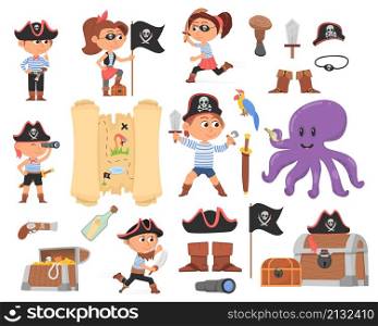 Cute cartoon pirates. Child pirate, kids wear party costume. Sea or ocean characters, treasure map, wooden chest. Isolated happy playing children vector set. Illustration of character pirate children. Cute cartoon pirates. Child pirate, kids wear party costume. Sea or ocean characters, treasure map, wooden chest. Isolated happy playing children decent vector set