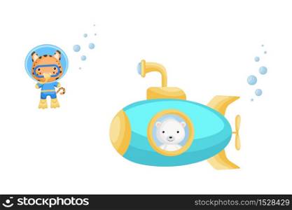 Cute cartoon polar looks out of submarine window and cute lynx in diving suit swim underwater. Design of t-shirt, album, card, invitation. Flat vector illustration isolated on white background.