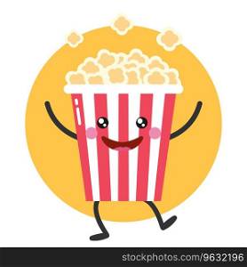 Cute cartoon popcorn character on yellow background. Popcorn dancing and juggling. Flat style. Vector illustration