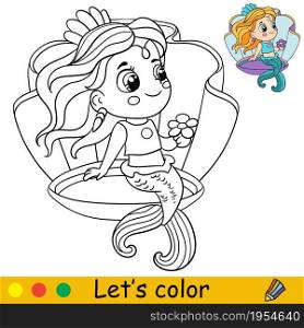 Cute cartoon princess mermaid sitting in the seashell. Coloring page and colorful template for preschool and school kids education. Vector illustration. For design, t shirt print, patch or sticker. Cartoon princess mermaid sitting in the seashell coloring