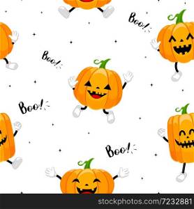 Cute cartoon pumpkin character design seamless pattern. Happy Halloween concept. Illustration isolated on white background.