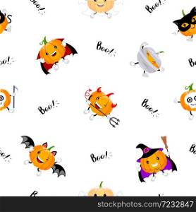 Cute cartoon pumpkin character design seamless pattern. Happy Halloween concept with Dracula, skull, ghost, bat, devil, mummy, witch and black cat. Illustration isolated on white background.