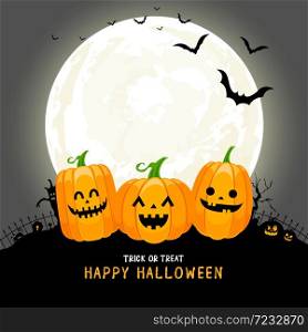 Cute cartoon pumpkin character in the moonlight. Trick or Treat concept, Happy Halloween day. Funny illustration.