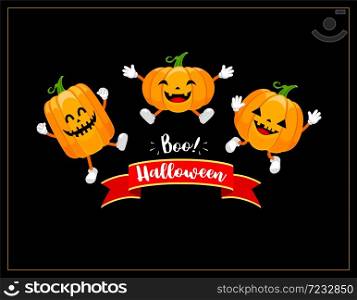 Cute cartoon pumpkin characters design. Happy Halloween day concept. Trick or treat. Illustration isolated on black background.