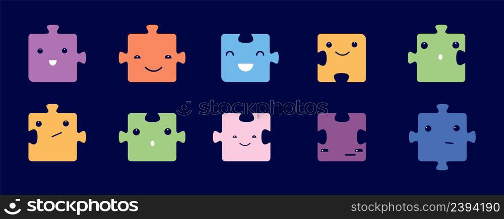 Cute cartoon puzzle set. Kawaii happy faces jigsaw elements, diverse game symbols. Colorful vector collection for kids play or education. Illustration of face puzzle, funny emoji smile. Cute cartoon puzzle set. Kawaii happy faces jigsaw elements, diverse game symbols. Colorful vector collection for kids play or education