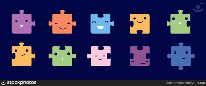 Cute cartoon puzzle set. Kawaii happy faces jigsaw elements, diverse game symbols. Colorful vector collection for kids play or education. Illustration of face puzzle, funny emoji smile. Cute cartoon puzzle set. Kawaii happy faces jigsaw elements, diverse game symbols. Colorful vector collection for kids play or education