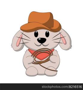Cute cartoon Rabbit Cowboy. Draw illustration in color