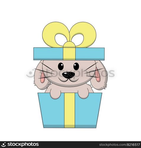 Cute cartoon Rabbit in gift box. Draw illustration in color