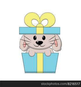 Cute cartoon Rabbit in gift box. Draw illustration in color