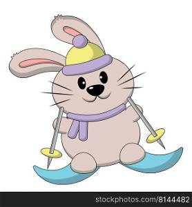 Cute cartoon Rabbit on skis. Draw illustration in color