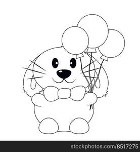 Cute cartoon Rabbit with balloons. Draw illustration in black and white