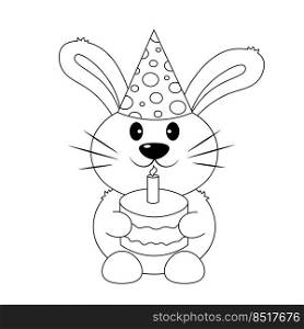 Cute cartoon Rabbit with celebrations cake and hat. Draw illustration in black and white