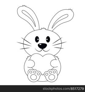 Cute cartoon Rabbit with Heart. Draw illustration in black and white