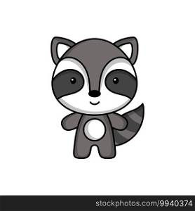 Cute cartoon raccoon logo template on white background. Mascot animal character design of album, scrapbook, greeting card, invitation, flyer, sticker, card. Vector stock illustration.