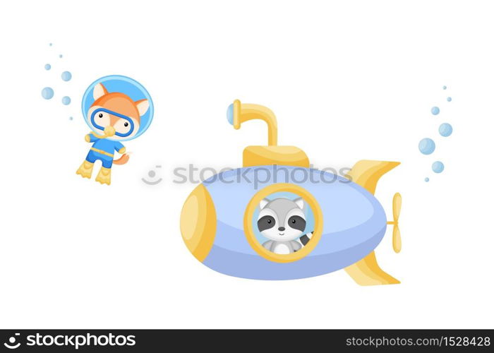 Cute cartoon raccoon looks out of submarine window and cute fox in diving suit swim underwater. Design of t-shirt, album, card, invitation. Flat vector illustration isolated on white background.