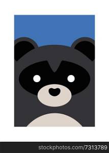 Cute cartoon raccoon, vector animal illustration, white frame, raccoon face with black spot, round nose, animal portrait isolated on blue background. Cute Cartoon Raccon, Vector Animal Illustration