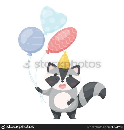 Cute cartoon racoon character with air balloons. Birthday card. vector illustration