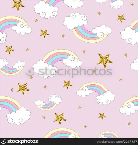 Cute cartoon rainbow in pastel colors and golden sparkle stars isolated on pink background. Seamless pattern. For print, wrapping paper, linen, design and decor. Vector illustration.. Seamless pattern with rainbow and golden stars vector