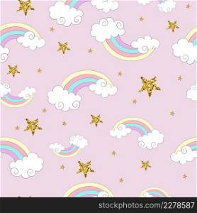 Cute cartoon rainbow in pastel colors and golden sparkle stars isolated on pink background. Seamless pattern. For print, wrapping paper, linen, design and decor. Vector illustration.. Seamless pattern with rainbow and golden stars vector