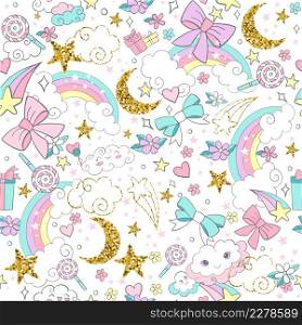Cute cartoon rainbow in pastel colors and golden sparkle stars isolated on white background. Seamless pattern girl fashion. For print, wrapping paper, linen, design and decor. Vector illustration.. Seamless pattern with magic color and golden elements vector