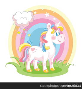 Cute cartoon rainbow unicorn standing on grass. Vector illustration isolated on white background. Birthday, party concept. For sticker, embroidery, design, decoration, print, t-shirt, dishes,packaging. Vector rainbow unicorn character standing on grass