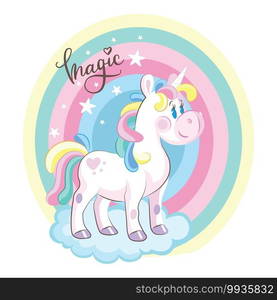 Cute cartoon raindow unicorn standing on a cloud. Vector illustration isolated on white background. Birthday, party concept. For sticker, embroidery, design, decoration, print, t-shirt, packaging. Vector unicorn cute character standing on cloud